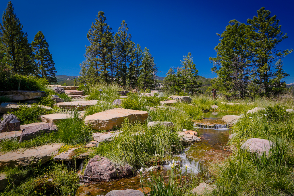 Water feature with natural plantings and stone boulders.